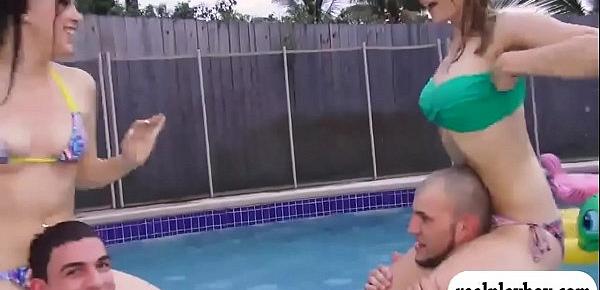  Two nasty ladies get banged by pervert men by the pool
